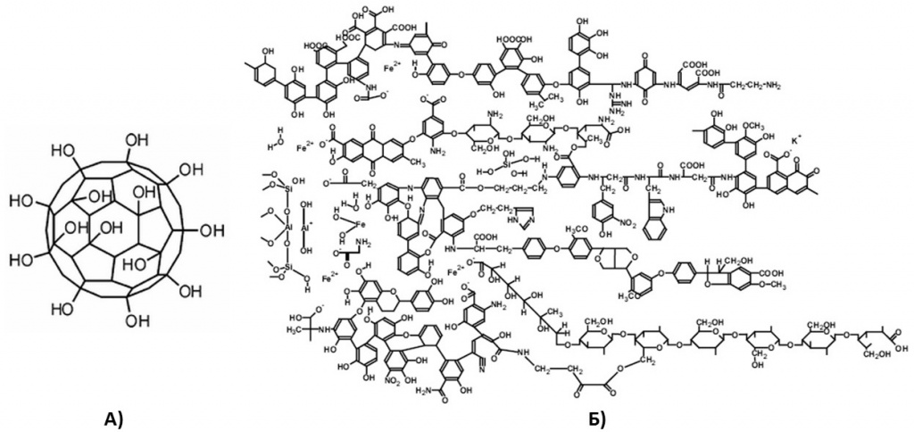 Углеродные наноструктуры: A) фуллеренол С60; Б) структурный фрагмент гуминовых веществ